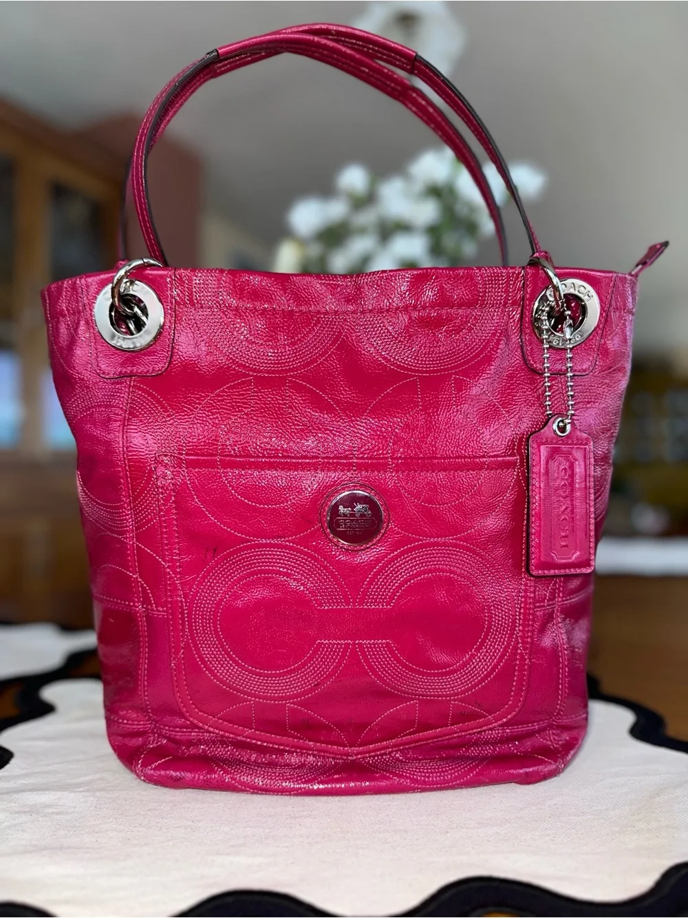 Coach Alex Fuchsia Pink Signature C Patent Leather Tote Shoulder Bag Y2K